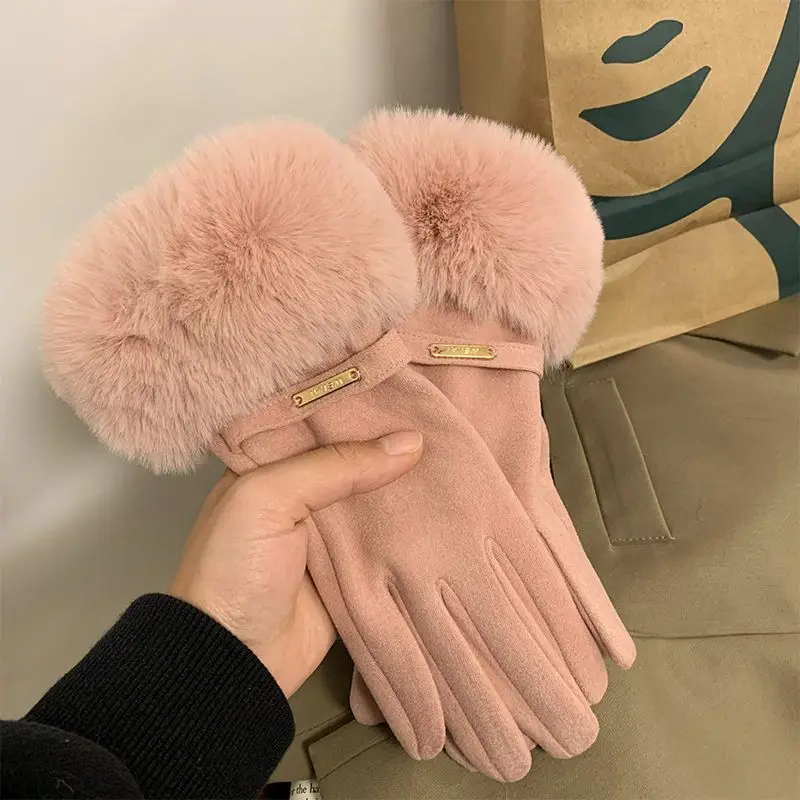 Gants d'hiver en daim pour femmes, garde au chaud, écran tactile en velours, peluche épaisse, poignet, personnalité à la mode, conduite élégante, cyclisme
