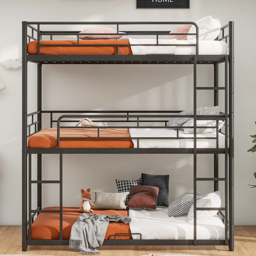 Metal Full Size Triple Bunk Bed, Black,Extra Large Space