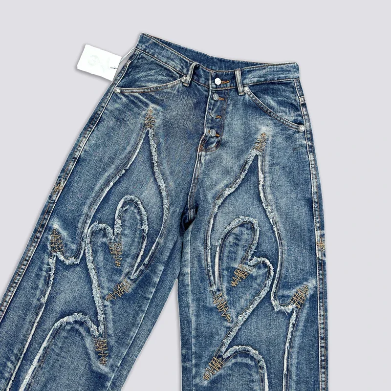 Black Blue THUG CLUB Embroidery Flame Tassel Jeans Mężczyźni Kobiety Hip Hop Splic Moon Star Metal Leather Label Loose Straight Pants