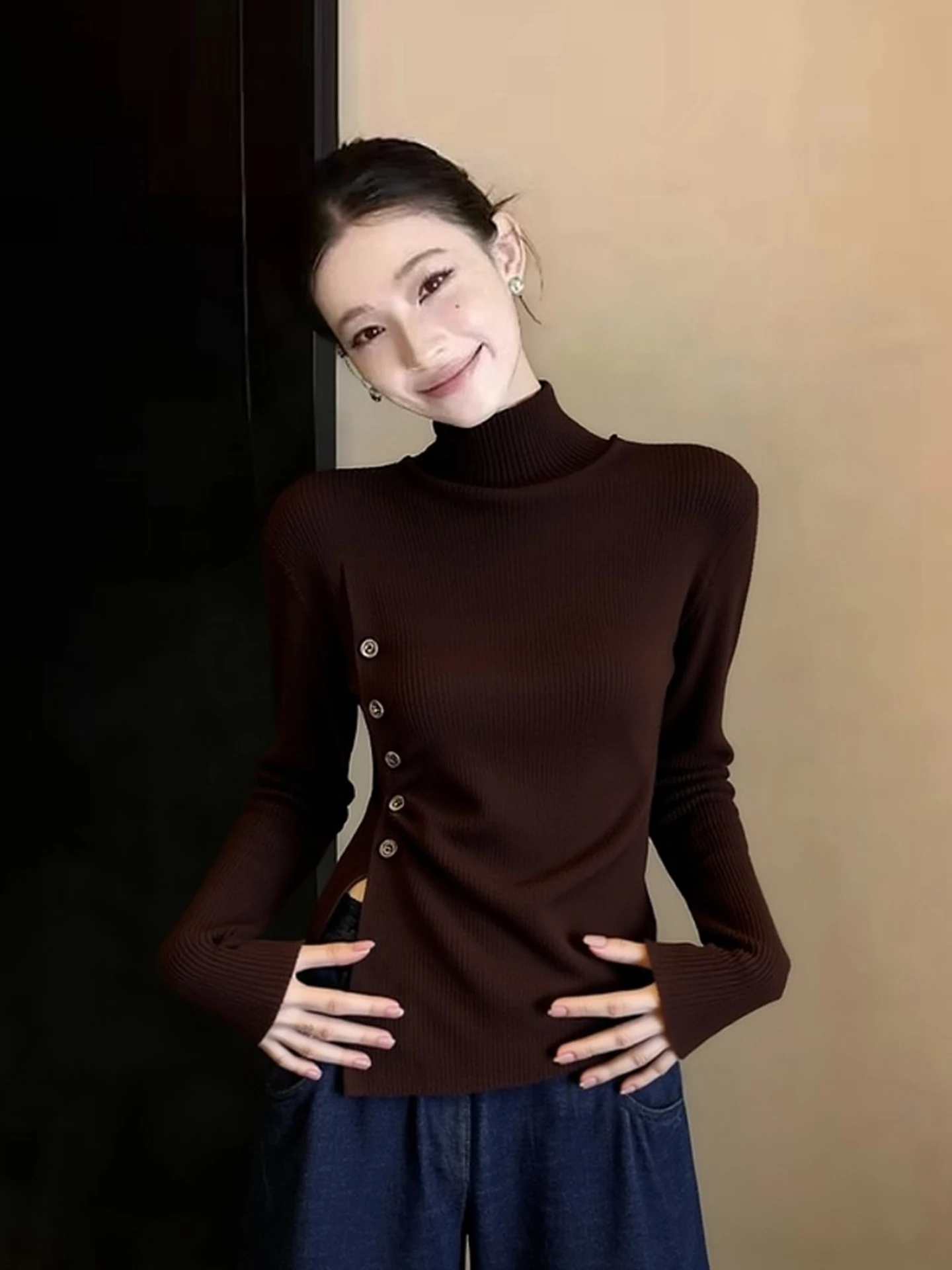 Elegant Long Sleeve Knitted Sweater Half High Collar Slim Fit Split Design Autumn Skin-friendly Fashionable Slimming Top