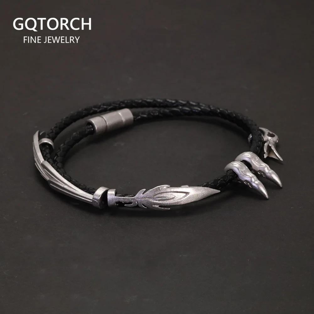 925 Silver Vintage Wax Rope Bracelet Magnetic Clasp LOL XAYAH RAKAN Multi Layers Feather Leaf Couple Jewelry