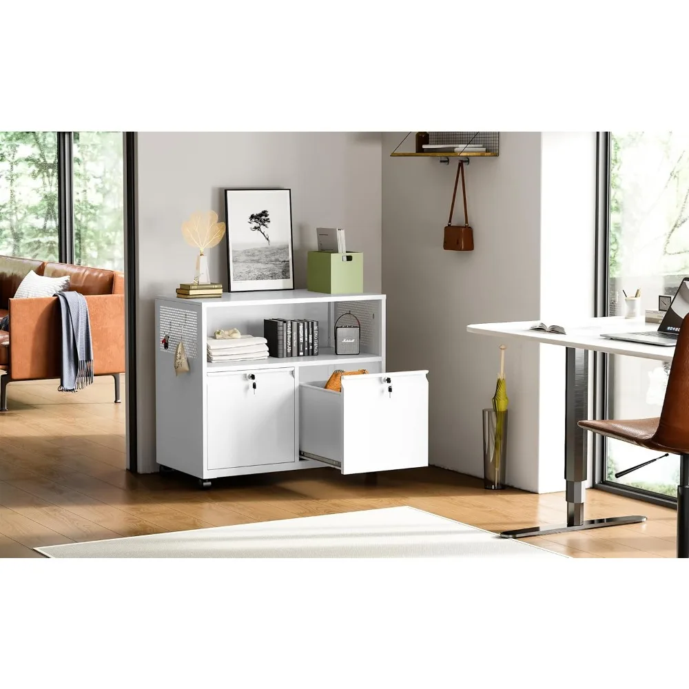 Schedario laterale in metallo con serratura a 2 cassetti con supporto per stampante con rotelle e ripiani portaoggetti per l'organizzazione dell'home office