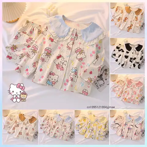 2Pcs 헬로 키티 어린이 잠옷 세트 애니메이션 Sanrios 멜로디 키즈 인형 칼라 카디건 긴 소매 잠옷 소녀 Homewear 세트