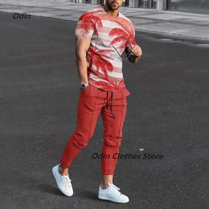 Nowa dostawa hawajskie spodnie męska koszulka dres drzewo kokosowe T-shirty z nadrukiem 3D zestaw 2 sztuk Streetwear za duże garnitury
