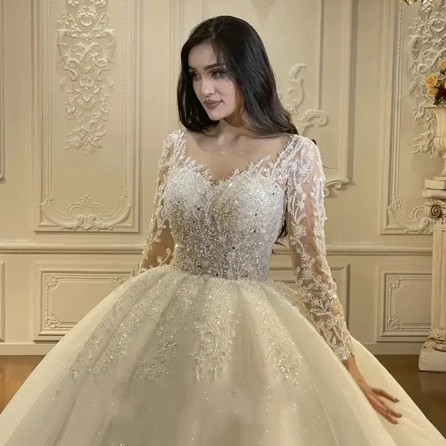 2025 vestido de novia de lujo para mujer, pegatinas de encaje acampanadas, vestidos de novia elegantes de manga larga con cuello cuadrado de