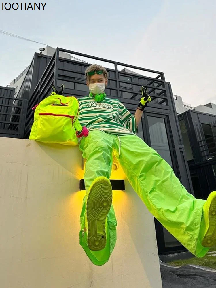 Oversized Y2k Green Dopamine Workwear Parachute Pants Men's Fashion Casual Trousers Men Loose Street Hip-hop Sports Korean Wave