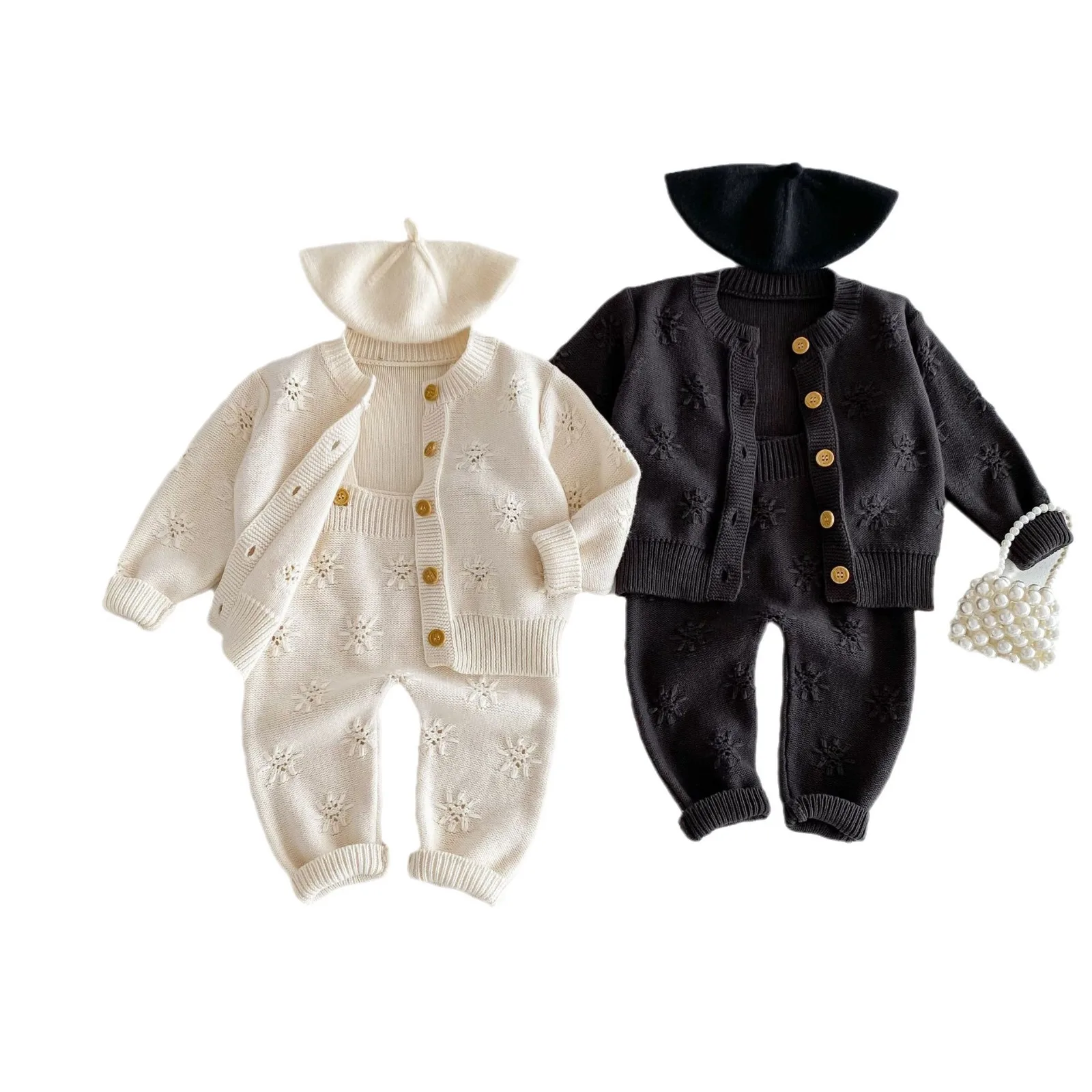 Infant Toddler Boy 2024 Spring 2PCS Knitwear Set Cotton Knitted Versatile Woolen Sweater Solid External Wear Shoulder Straps Set