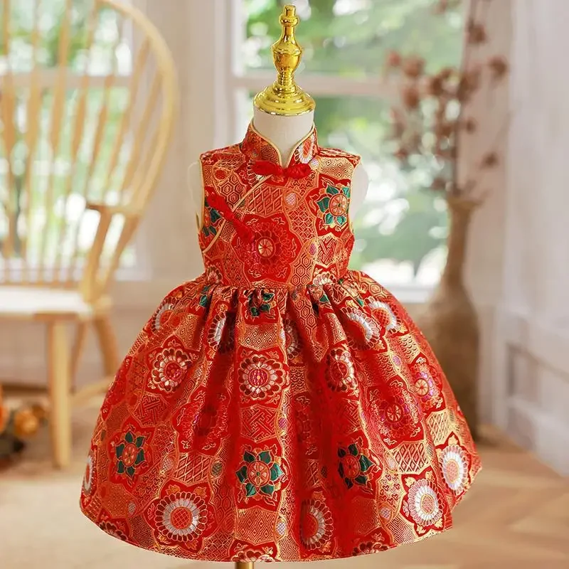 Kids Summer Red Dresses Styles Chinese Cheongsams For Girls Traditional Chinese Dress Children Tang Suit Baby Christmas Costumes