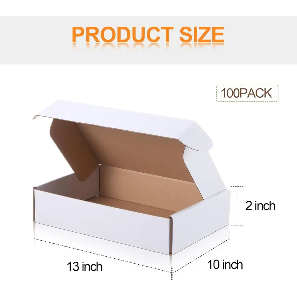 100 pacotes de caixas de transporte de papelão branco para presentes de pequenas empresas, 13x10x2 polegadas