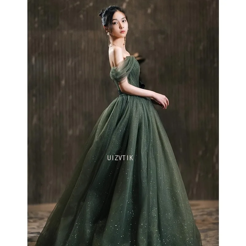 Dark Green Shiny Formal Dresses V Neck Off The Shoulder Party Dress For Wedding A Line Special Occasion Dresses robe soirée