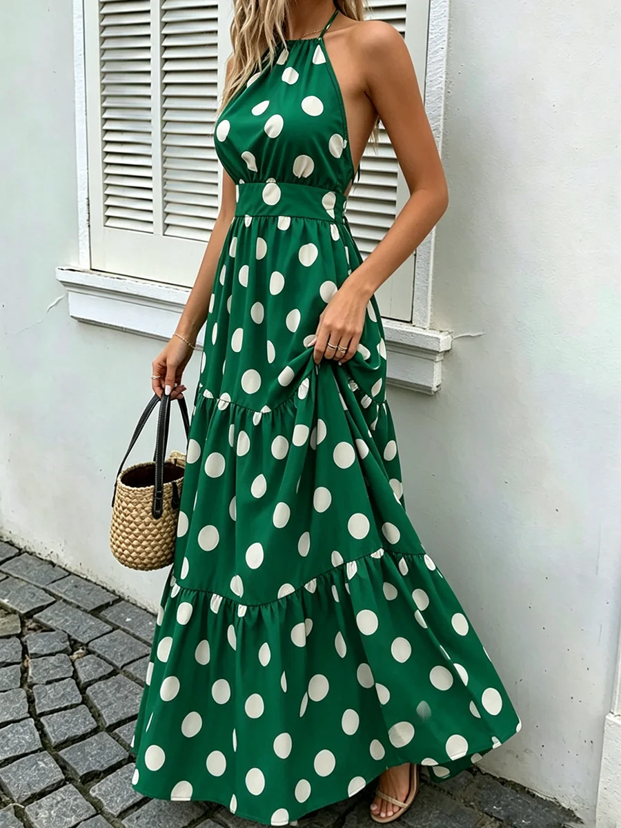 Strandkleid mit Neckholder-Ausschnitt, gestuft, grün-weiß gepunktet, Maxikleid, Sommerkleid für Damen, Urlaub & Alltag – Detail 1