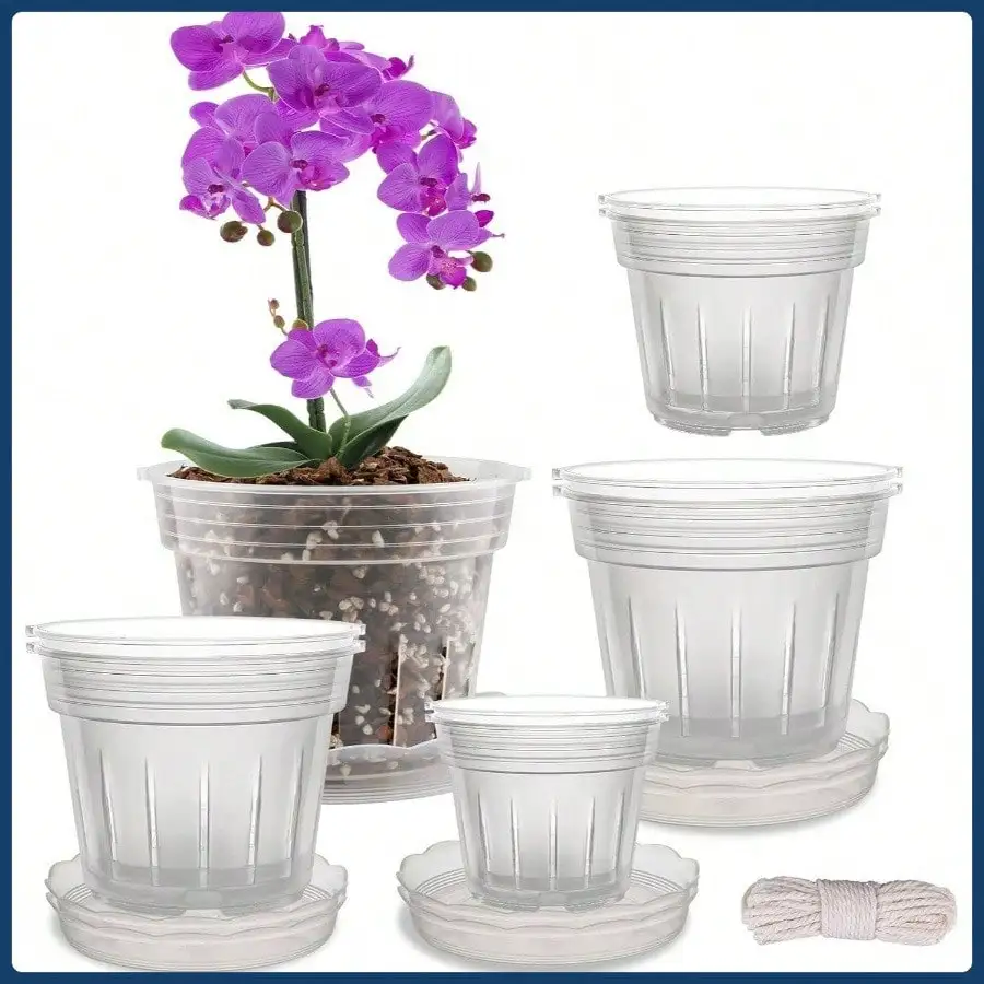 

Orchid Pots, 8 Orchid Pots with Holes and 6 Trays, 2 of Each, Plastic Flower Pots Breathable Slotted Flower Nursery Pots