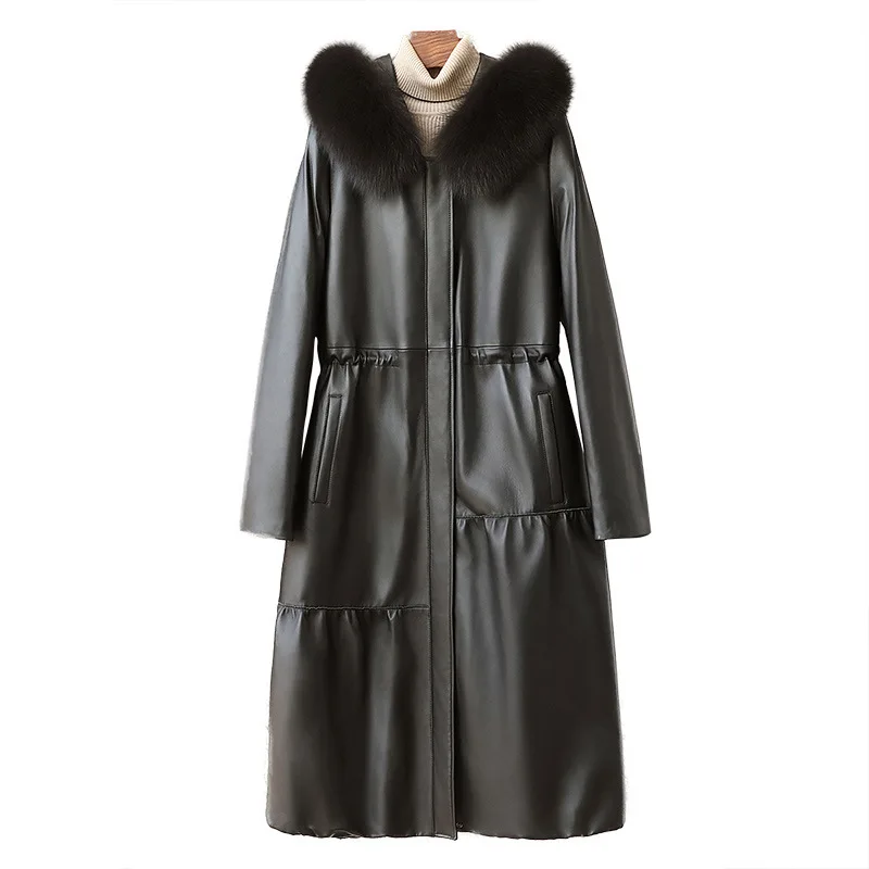 

2025 Genuine Leather Sheepskin Long Leather Down Jacket for Spring Women's Fox Fur Collar Goose Down Coat for Spring New Style