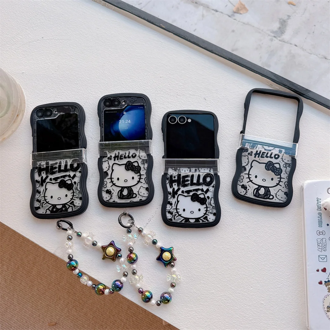 

Ink Graffiti Hello Kitty Cute Bracelet Hinge Protective Case For Samsung Z Flip 7/6/5/4/3 Black Edged Transparent Silicone Cover