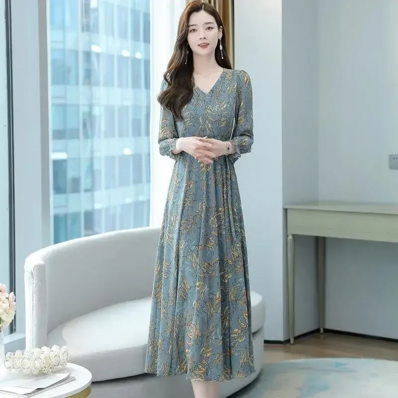 Cross-border 2021 Autumn New Large Slimming Medium-length Waist-fitted Women's Dress For Middle-aged Mothers Long Dress