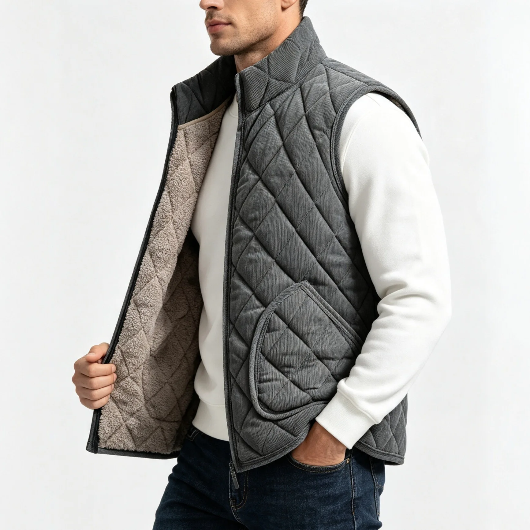 Men Winter Fleece Lined Vest Thick Corduroy Quilted Gilet Lamb Wool Inner Sleeveless Warm Casual Zip Up Waistcoat