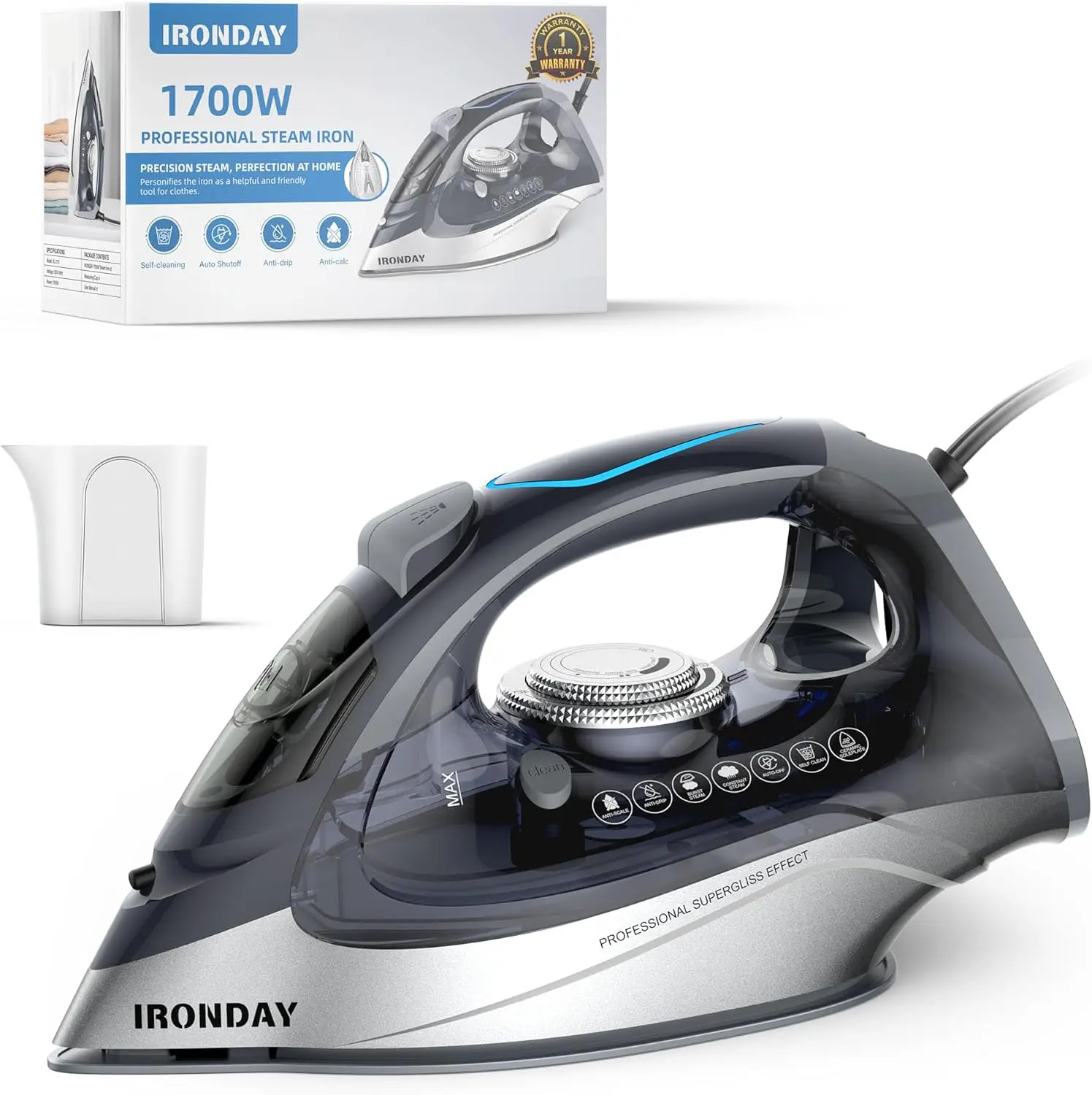 1700w Steam Iron for Clothes 20s Fast Heat-up, Iron with 10.14oz Water Tank,