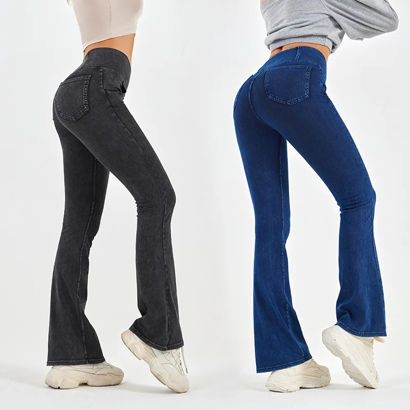 Summer High Waist Gym Workout Jean Casual Split Micro Flare Sweatpants Calf Length Fashion Tight Bell Bottoms Soft Pants Q565