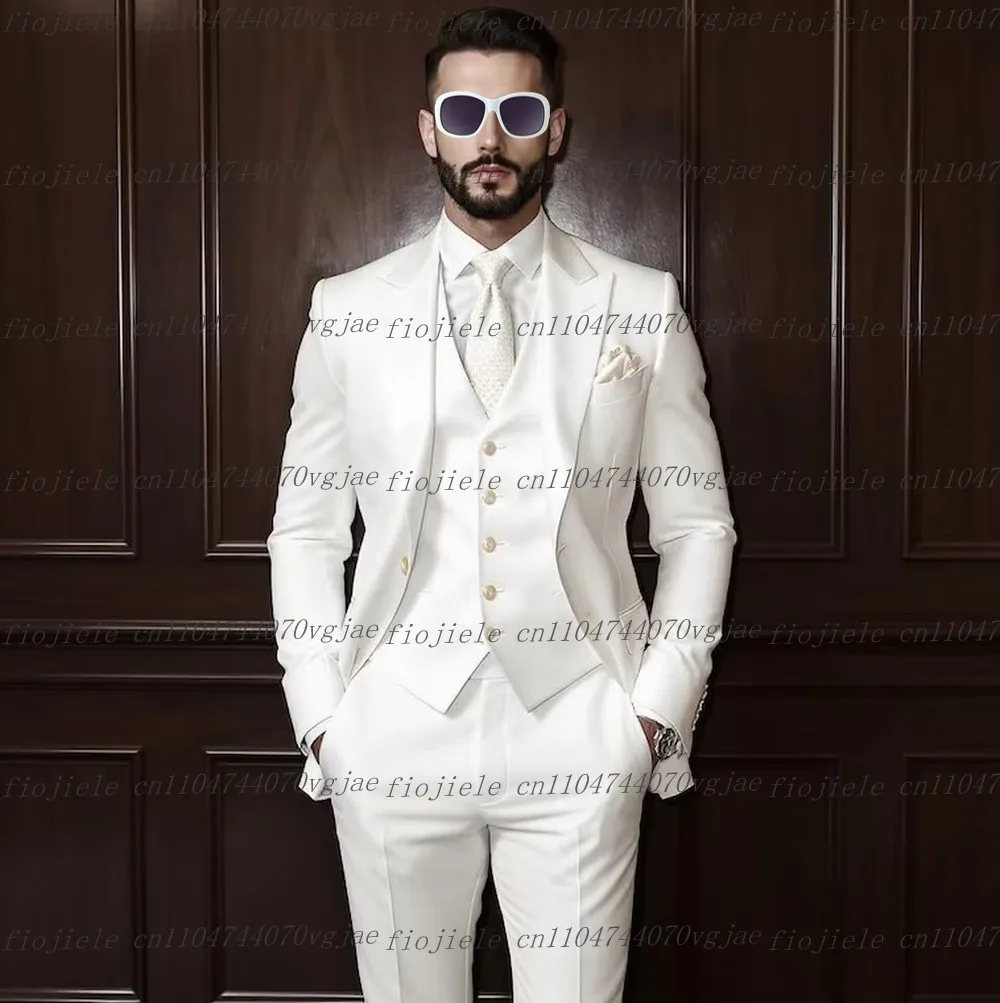 White Formal Occasion Men Suit Wedding Party Groom Groomsman Business Male Tuxedos Customize 3 Piece Set Jacket Vest Pants