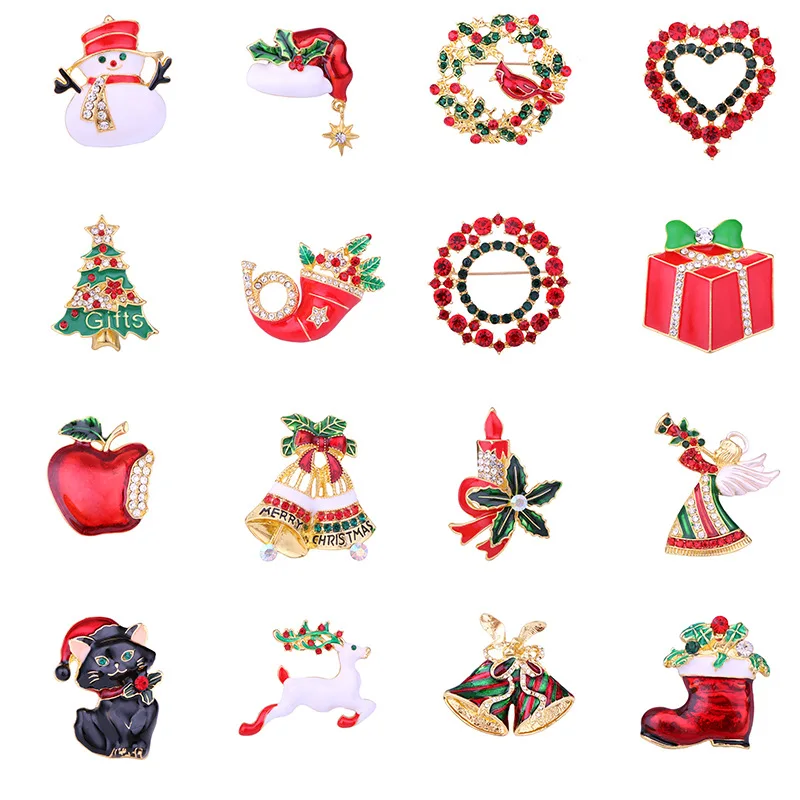 Hot Sale Christmas Brooch Tree Santa Claus Brooches Boots Socks Snowman Sleigh Bell Corsage Accessories Wholesale