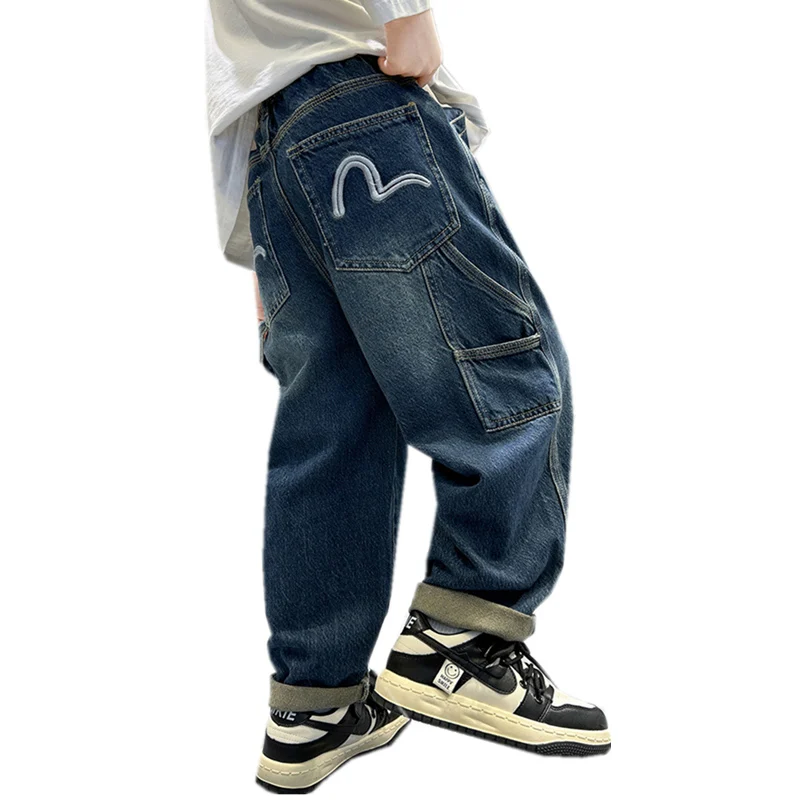 Vintage Blue Big Boy Jeans With Pocket New Spring Kids Luxury Cotton Denim Pants Korean Child Fashion High Street Jeans Trousers