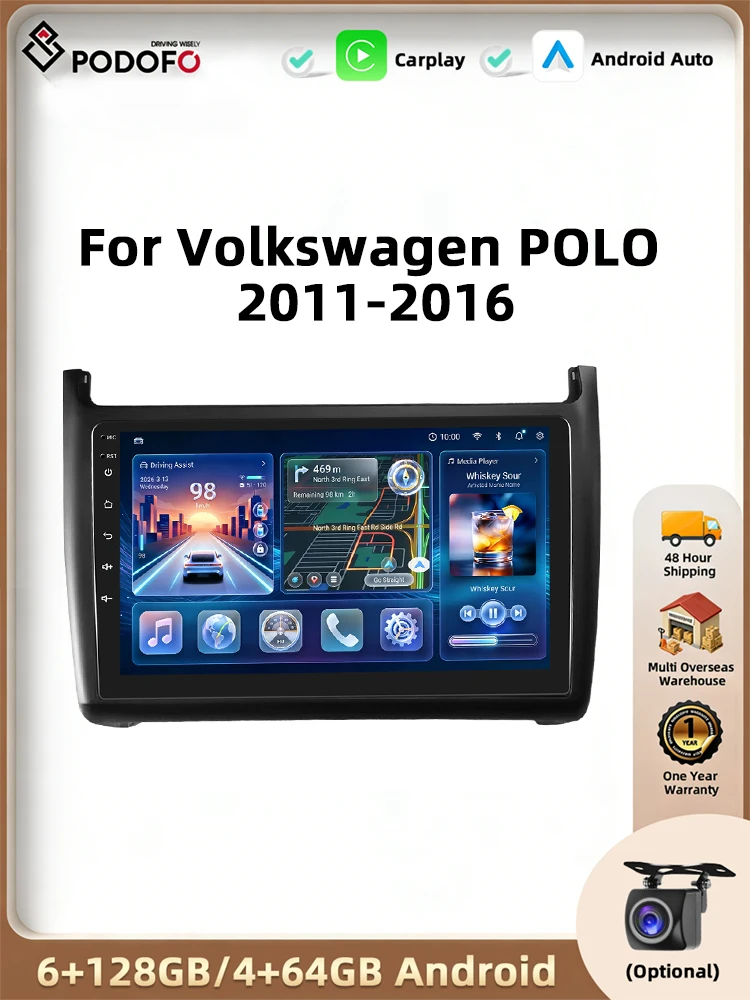 Podofo 9 inch autoradio voor Volkswagen Polo 2011-2016 met multimedia, videospeler, draadloze CarPlay, Android Auto, GPS-navigatie, 2DIN - afbeelding 2
