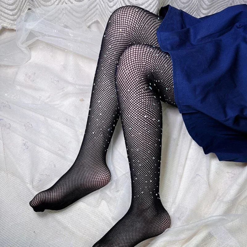 Kids Girls Tights Fashion Fishnet Stockings Hollow Lace Rhinestone Glitter Pantyhose for Children Girl Summer Mesh Baby Socks