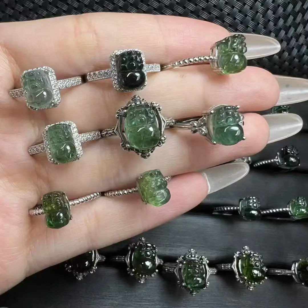 

Цельный комплект из серебра 925 пробы с инкрустацией из натурального турмалина и кристаллами PiXiu, кольца на палец для медитации