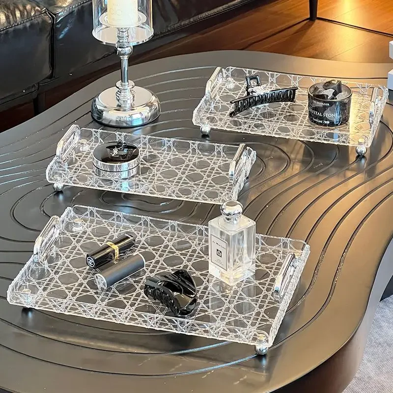 Light Luxury Acrylic Rectangular Tray Plaid Makeup Brush Jewelry Storage Home Living Room Water Cup Trays Desktop Decoration