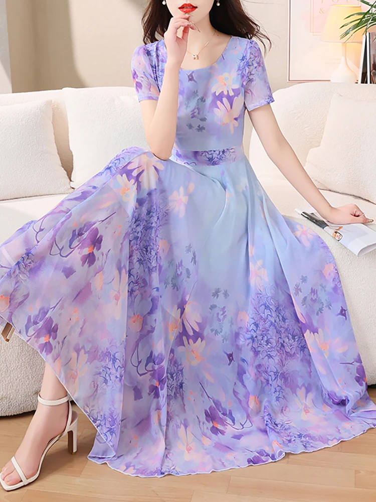 2024 Casual Luxury Holiday Midi Dress Summer Floral Chiffon Boho Beach Maxi Robe donna manica corta elegante vestito da partito aderente