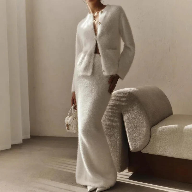 Women's Two Piece Suit O-neck Full Sleeve Single Breasted Top A-line Hip Package Long Skirt 2025 Autumn Lady Causal Set