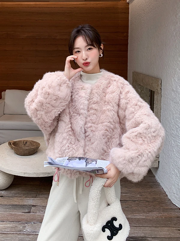 

Pink Fluffy Lamb Fur Jacket Women's Short Style Korean Anti-Aging Thick Warm Top Casual Loose Fit Long Sleeve round Neck Button