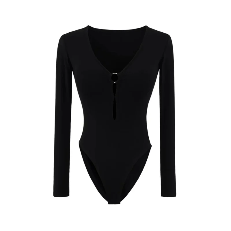 

Sexy Hollow out Long Sleeve Deep V Neck Base Shirt Women's Outerwear Design Slim Fit Ins Short Pants High Waist