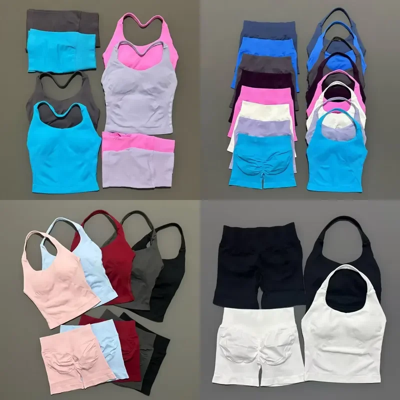 2 Piece Yoga Set Women Backless Halter Top High Waist Seamless Shorts Gym Suit Fitness Sportswear Workout Sets