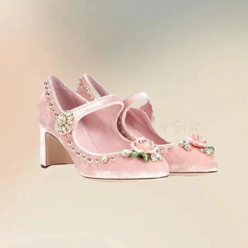 

Pink Appliques Crystal Corduroy Pointy Toe Pumps Ankle Buckle Strap Women Shoes Chunky High Heels Party 2024 Zapatos Para Mujere