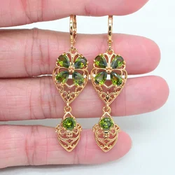 Fashion Gold Color Green CZ Zircon Flower Dangle Wedding Earrings for Women