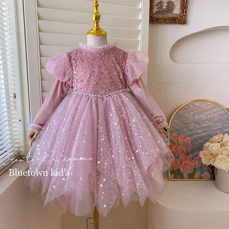 Girls' Autumn Winter New High-end Stylish Heavy Pink Thickened Sequin Velvet Puffy Puff Sleeve Princess Dress