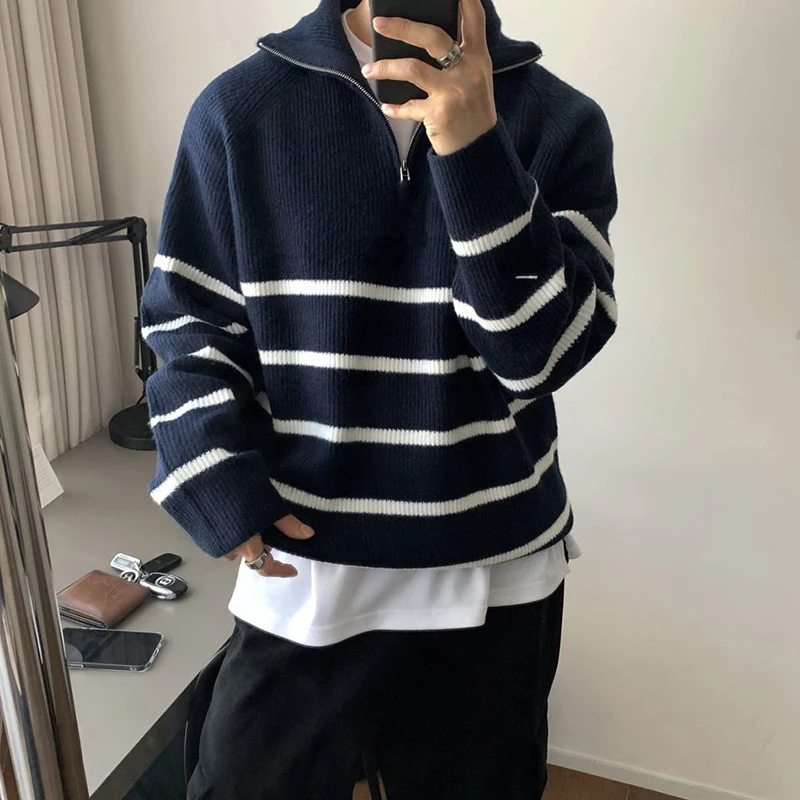 Winter Half Zipper Striped Print Men Long Sleeve Stand Sweater Fashion All-match Harajuku Oversized Pullover Top Black Navy Blue