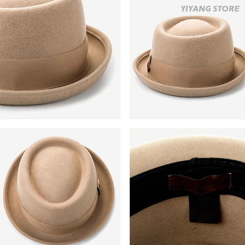 Vintage PorkPie Hat Men 100%Wool Felt Fedora Top Hats British Jazz Ribbon Trilby Gangsters Caps Gentlemen Woolen Cloth Versatile