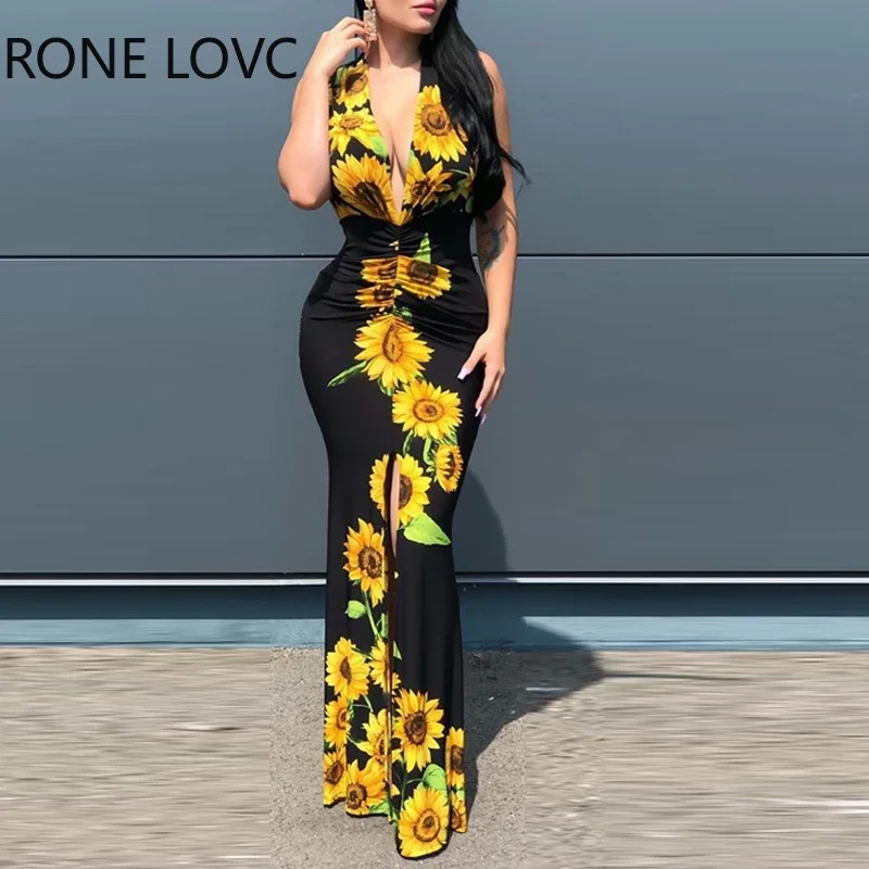 

Women Deep V-Neck Plunge Sunflower Print Slit Maxi Dress Maxi Dress Elegant Fashion Chic Dress