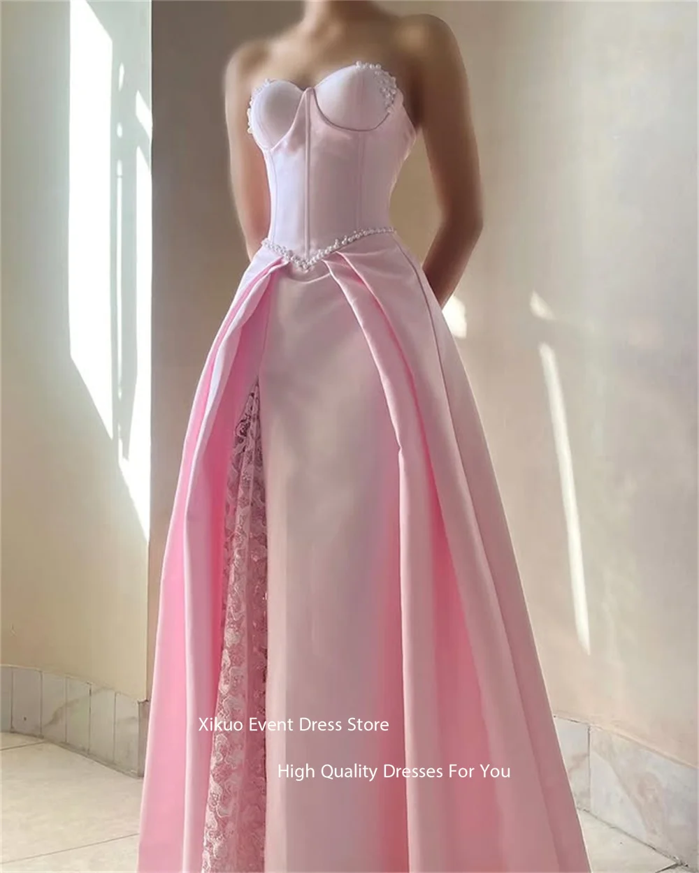Xikuo Pink Modern Appliques Evening Dresses Pearls A Line Robe De Soirée Femme Pleated Sweetheart Robe De Soirée Customized
