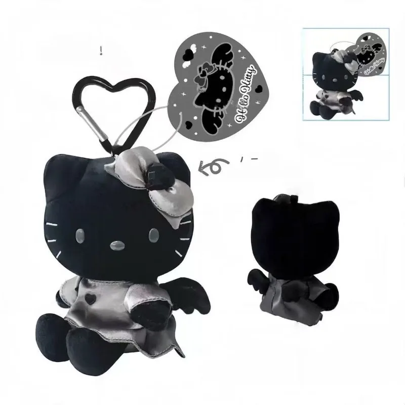 Sanrio anjo preto lado sentado perna longa série kitty gato nic brinquedo de pelúcia chaveiro asas de pelúcia kitty kt espelho boneca saco pingente