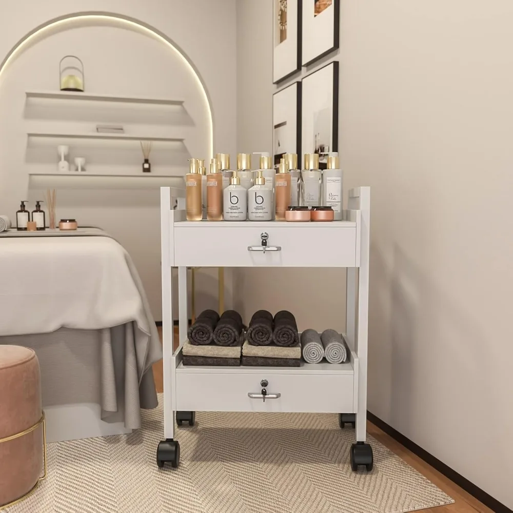 

Salon Trolley Cart, Salon Tray Wooden Mobile Utility Cabinet with 2 Lockable Drawers, Rolling Storage Station Medical