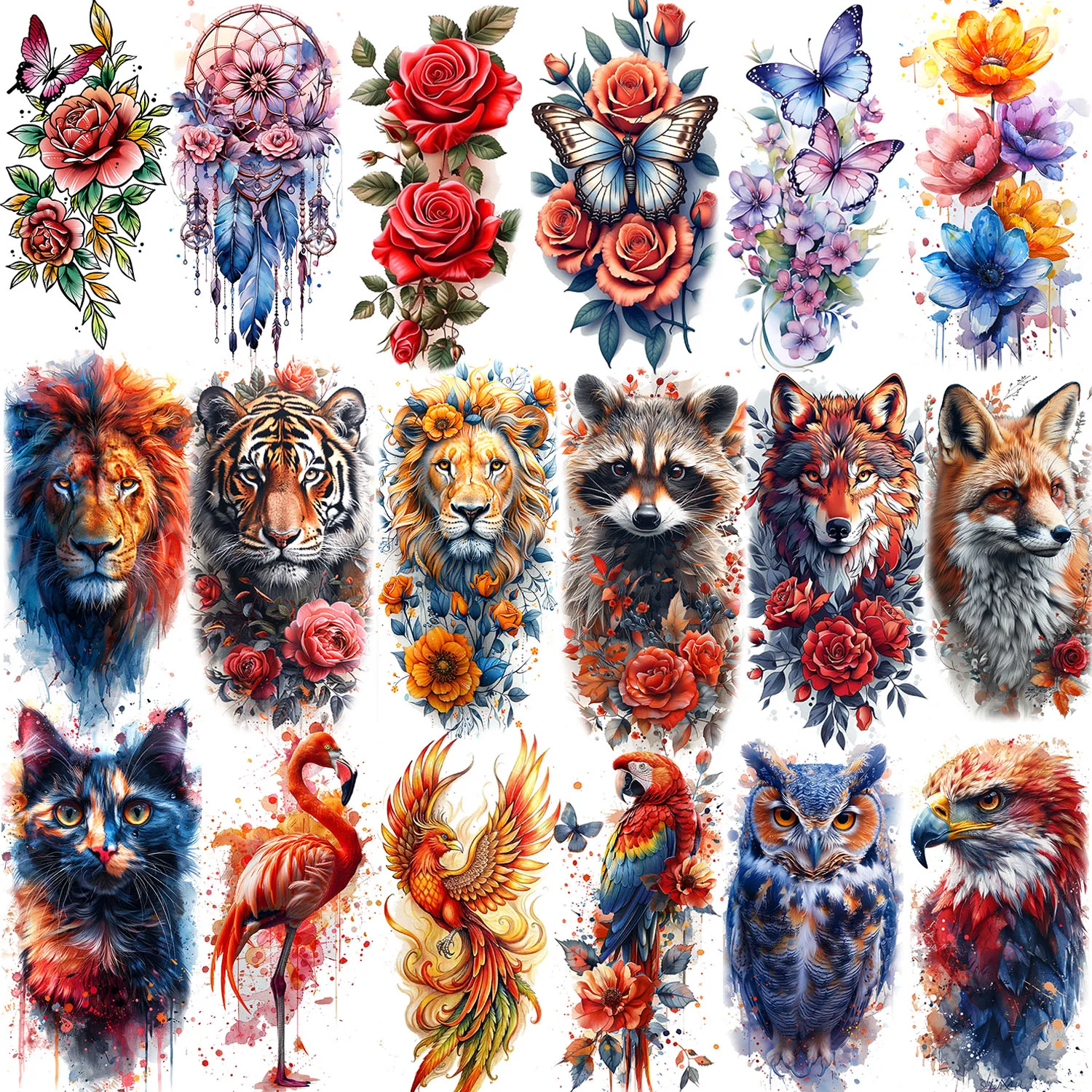 1 Sheet Gorgeous Watercolor Flowers Animals Temporary Tattoos For Women Body Art Tatoos Waterproof Realistic Fake Tattoo Sticker