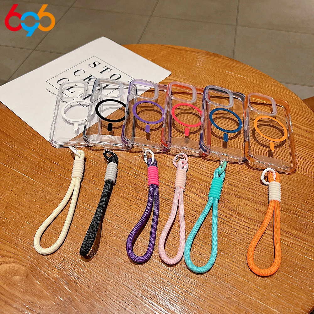 Magnetic Wrist Strap Transparent Candy Frame Phone Case For iPhone 15 11 12 13 14 16 Pro Max Plus Shockproof Fall Prevention