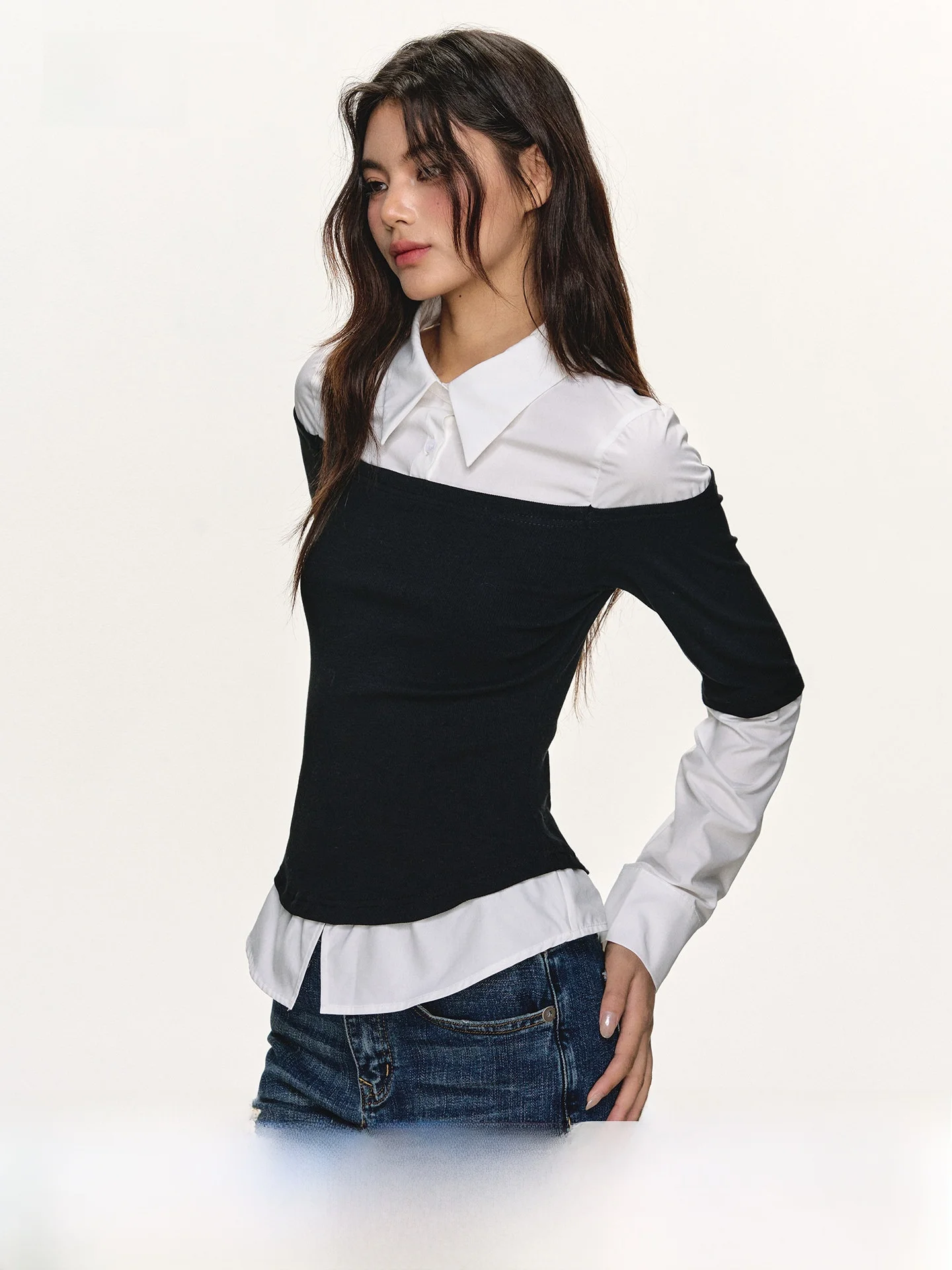 

Anna Aneae Color Blo Long Sve irt Women's Spring Autumn Waist Cinched Top Unique Design Casual Sle Fem irt