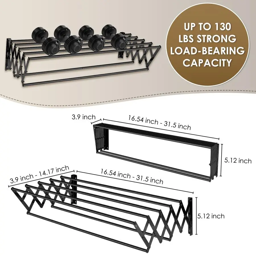 Wall Mounted Clothes Drying Rack, 130 lbs Large Capacity Rustproof Retractable Collapsible Drying Rack Easy Install with 7 Dryin