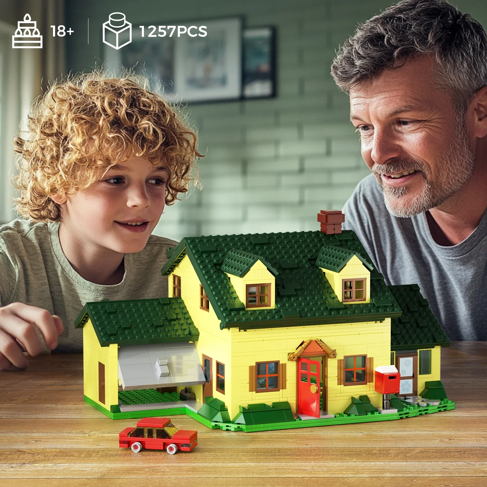 مجموعة مكعبات بناء منزلية للرجال من MOC، ألعاب الطوب العمارية ذات الكوخ الأصفر، هدايا للأطفال (1256 قطعة)