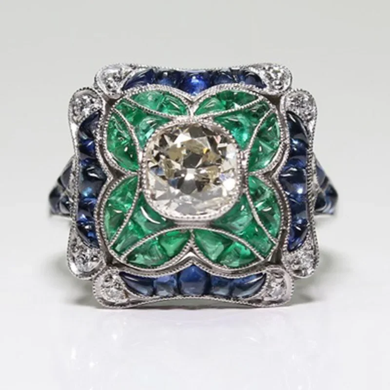 Hot Sale Elegant Emerald Zircon Blue Topaz Ring Popular Hand Jewelry