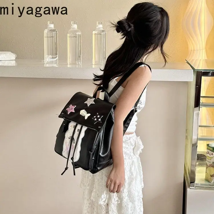 Miyagawa Soft Leather Star Y2K Academy Style Spicy Girl Backpack Fashion Causal PU Black Backpacks